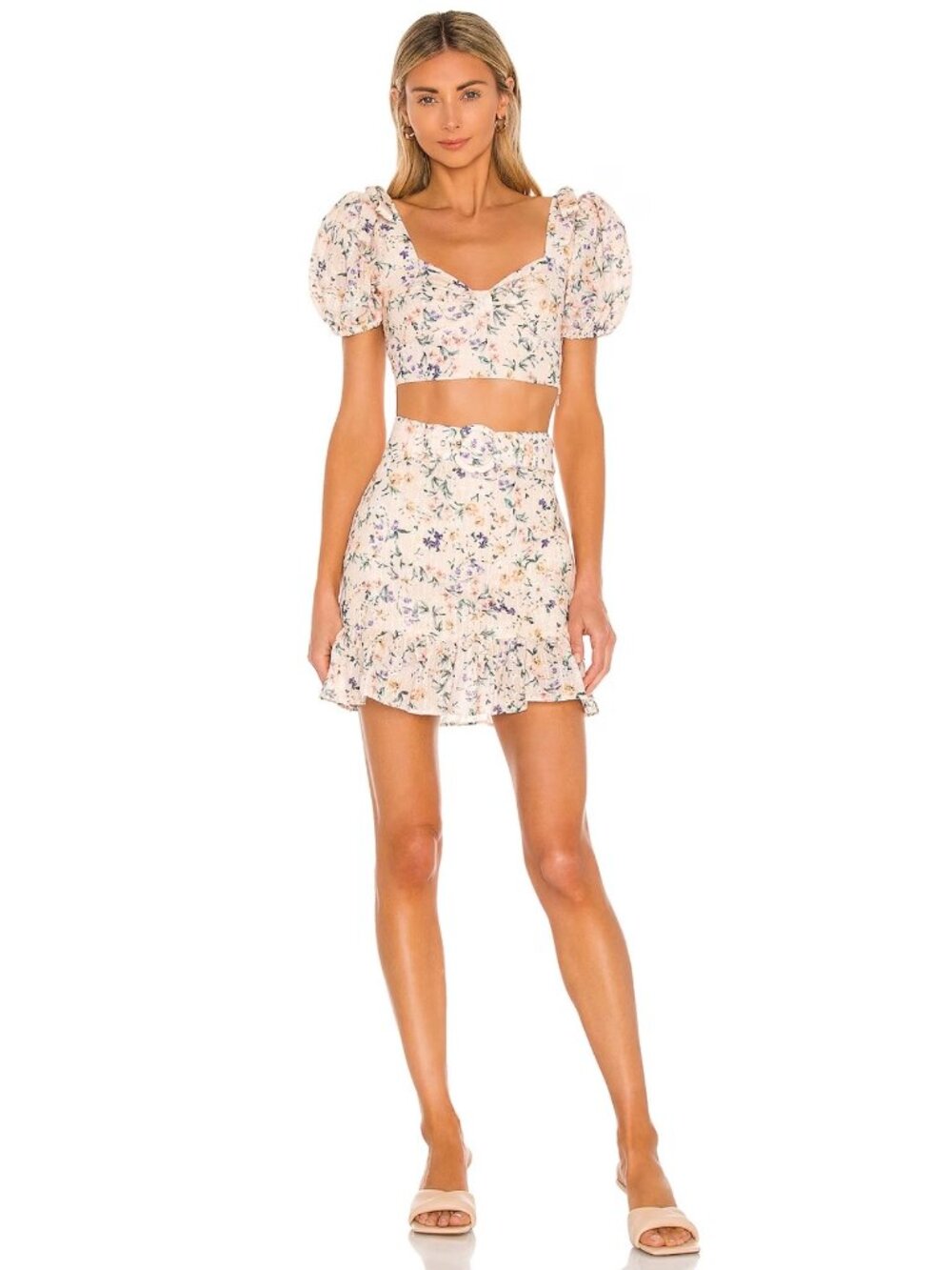 LOVERS + FRIENDS Jill Peach Ditsy Floral Embroidered Belted Mini Skirt, Size S